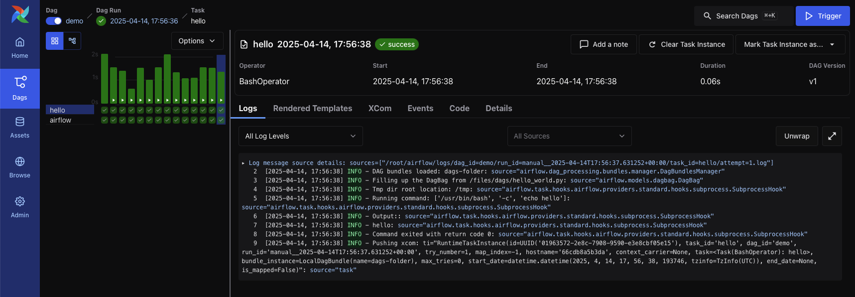 Demo DAG in the Grid View, showing the status of all DAG runs, as well as logs for a task instance